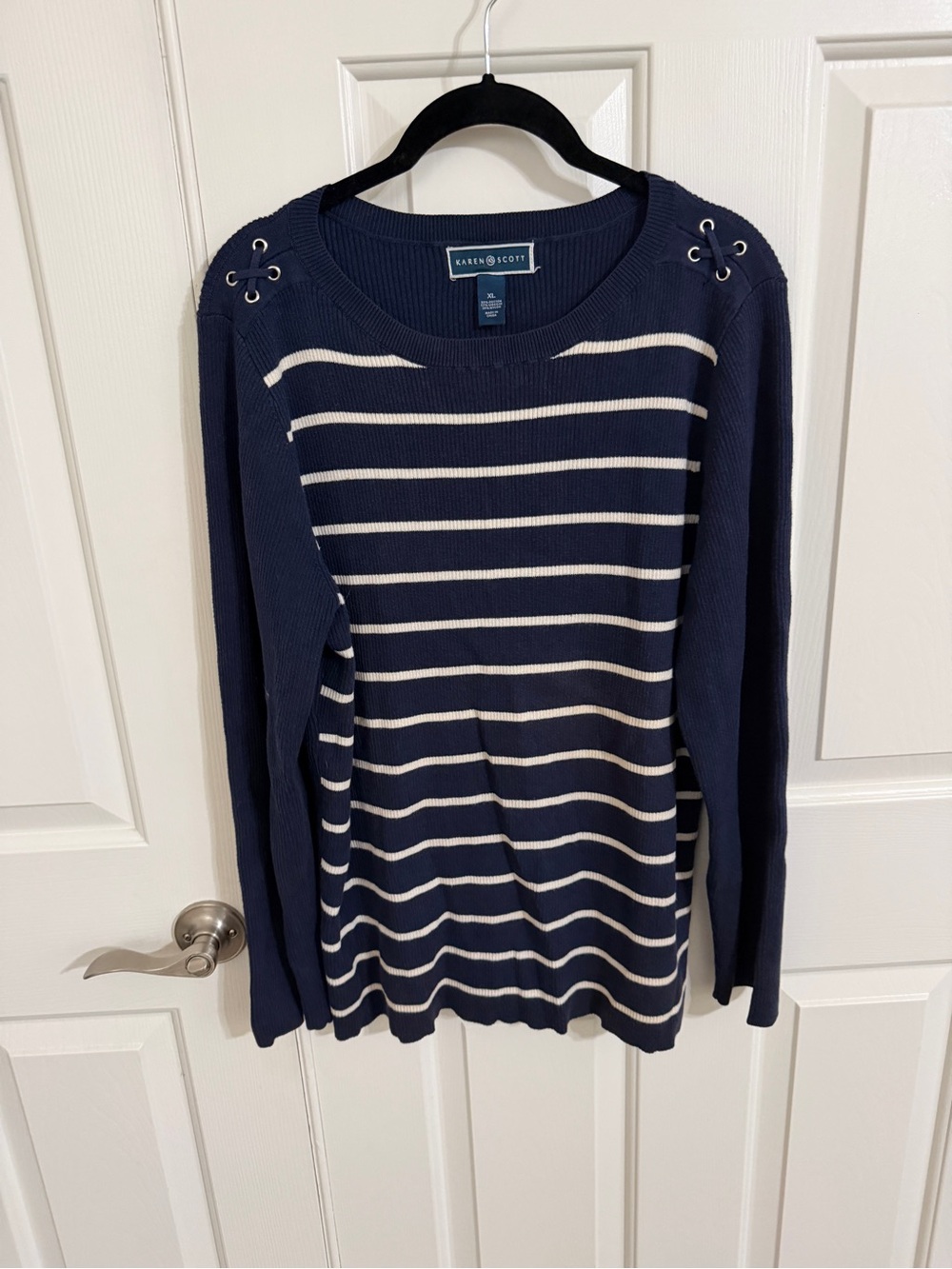 Karen Scott XL Navy White Striped Nautical Sweater Lace-Up Shoulders